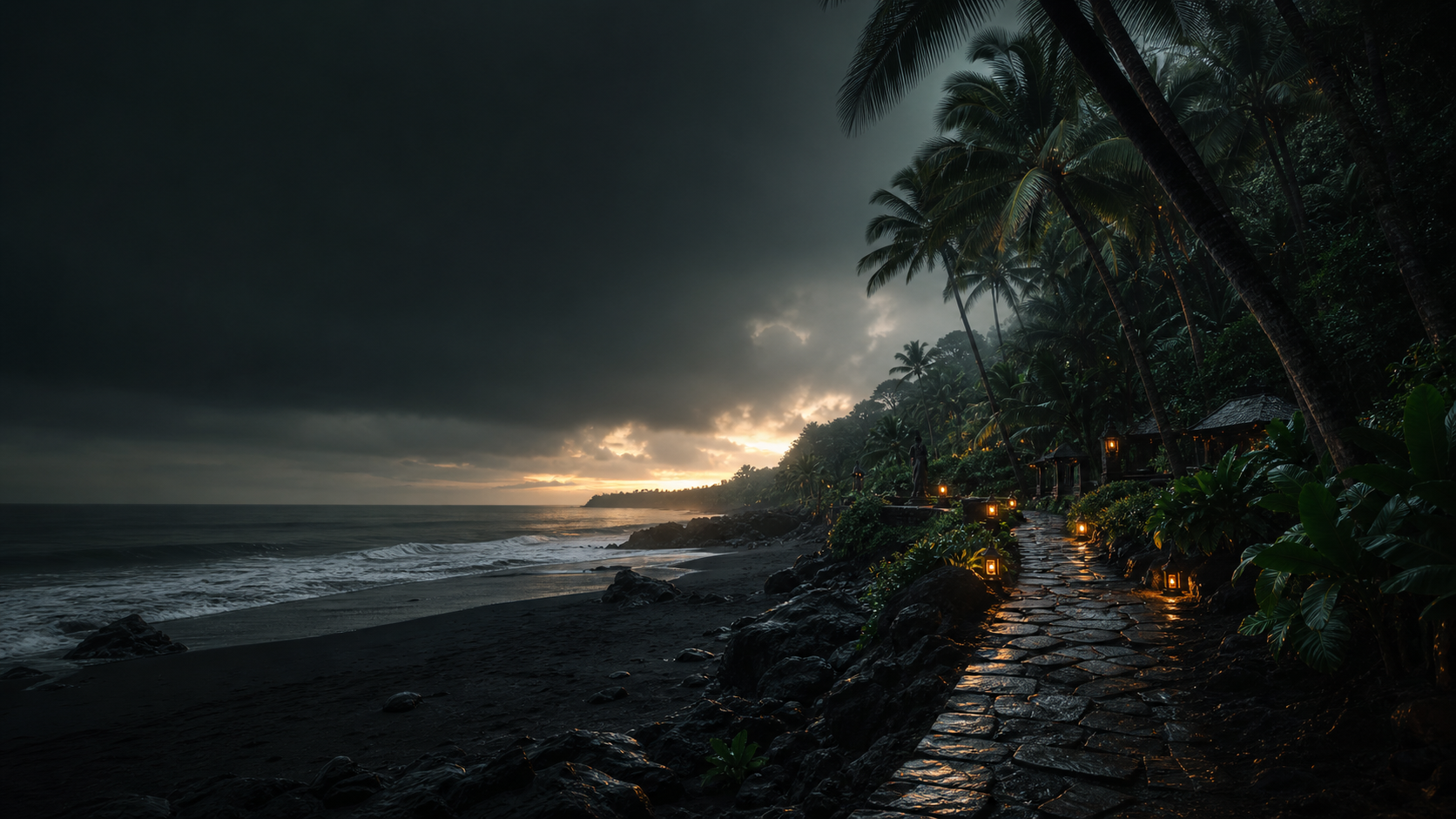 Dark tropical coastline path at dusk